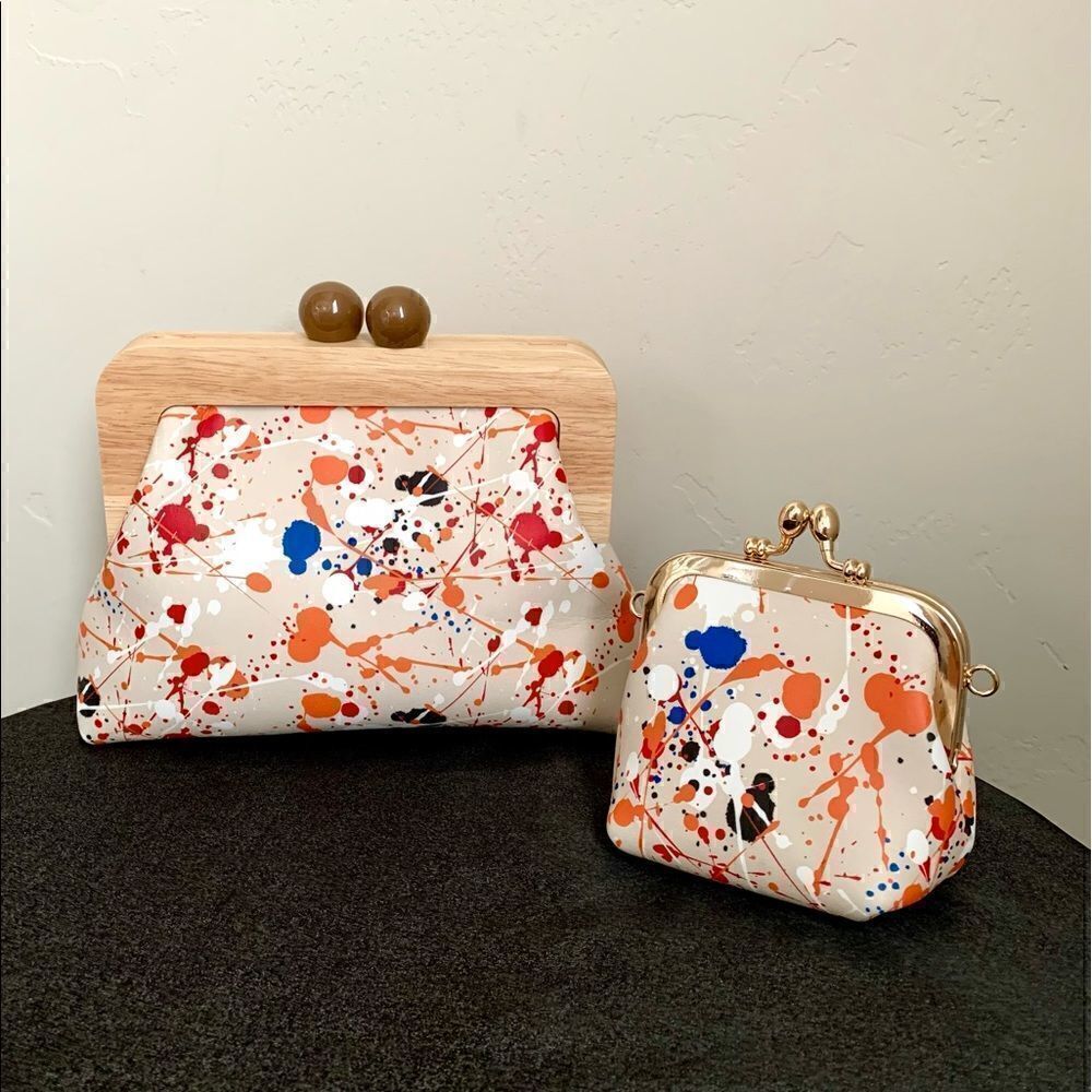 Handmade Genuine Leather Splatter Printed Wooden Frame Clutch with Small Purse